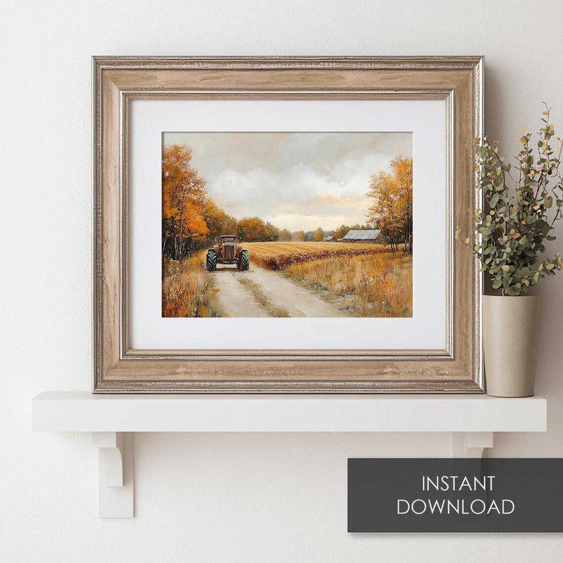 Vintage Tractor on a Dirt Road Golden Wheat Field Farm Scene Poster - Image 6