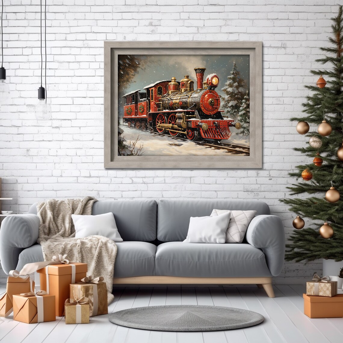 Red Vintage Steam Train with Wreaths Snowy Christmas Painting Poster - Image 4