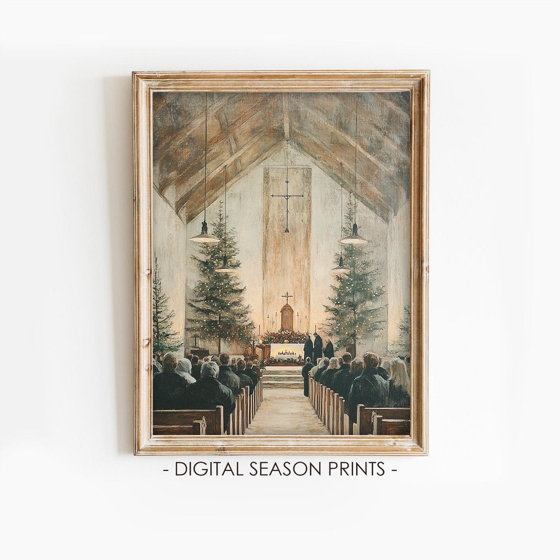 Vintage Christmas Church Interior Congregation Service Painting Poster