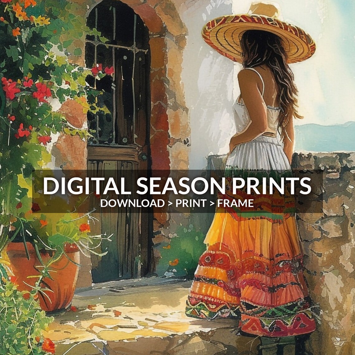 Mexican Woman in Sombrero at Seaside Terrace Watercolor Print - Image 6