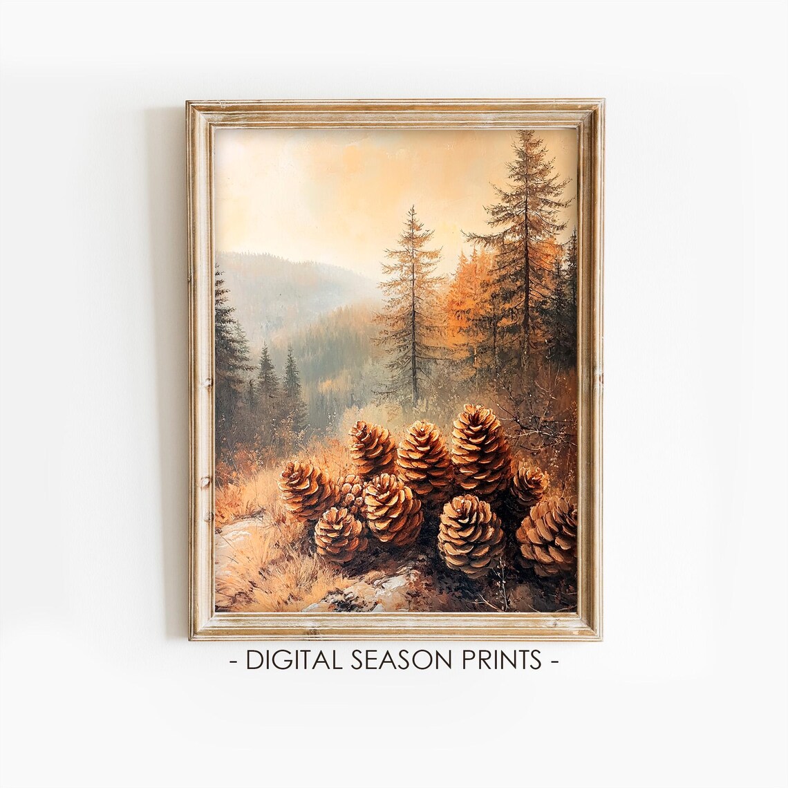 Pinecones Before a Golden Mountain Forest Vintage Autumn Art Poster