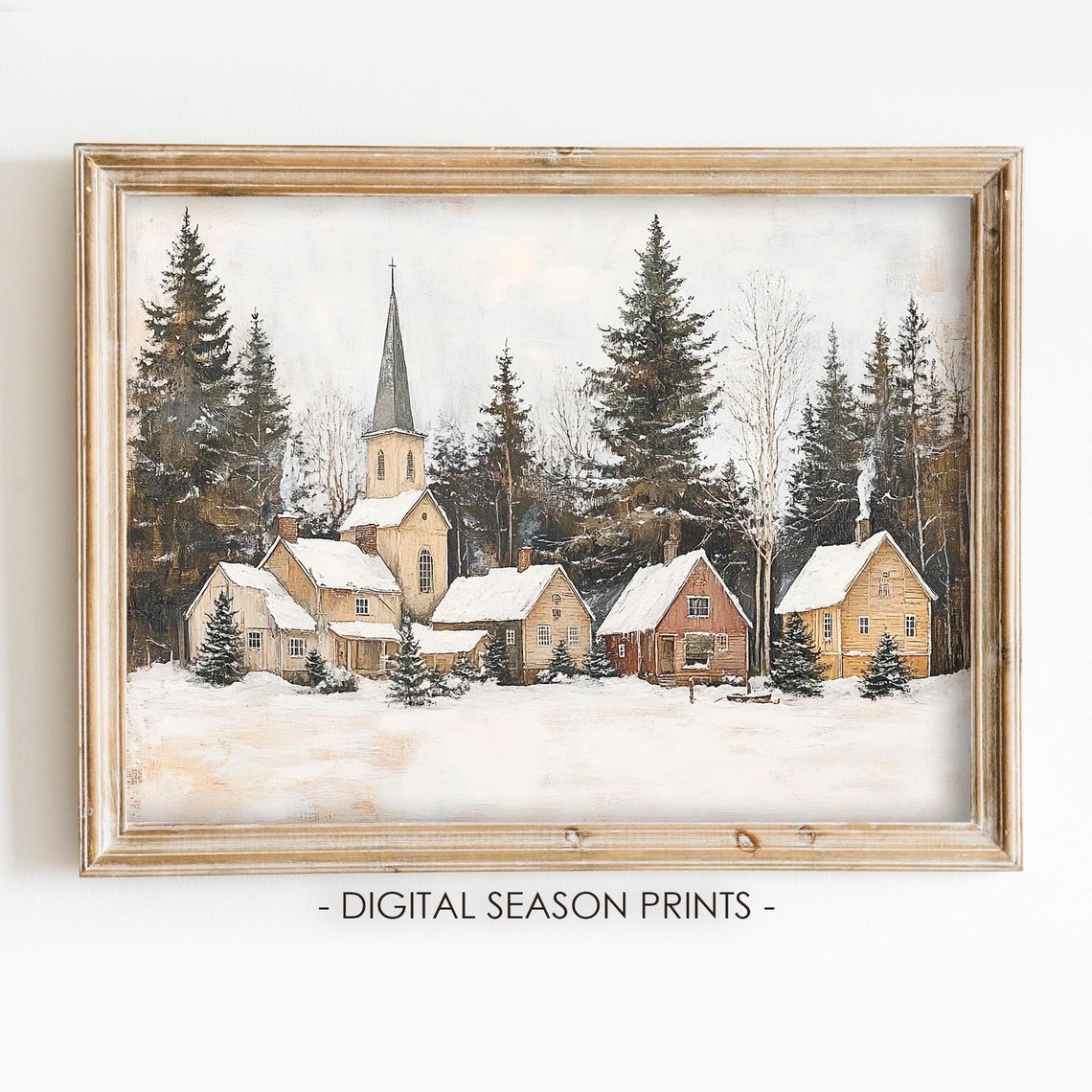 Winter Country Church Print Vintage Christmas Wall Art Snowy Landscape Painting Farmhouse Wall Decor Scandinavian Village