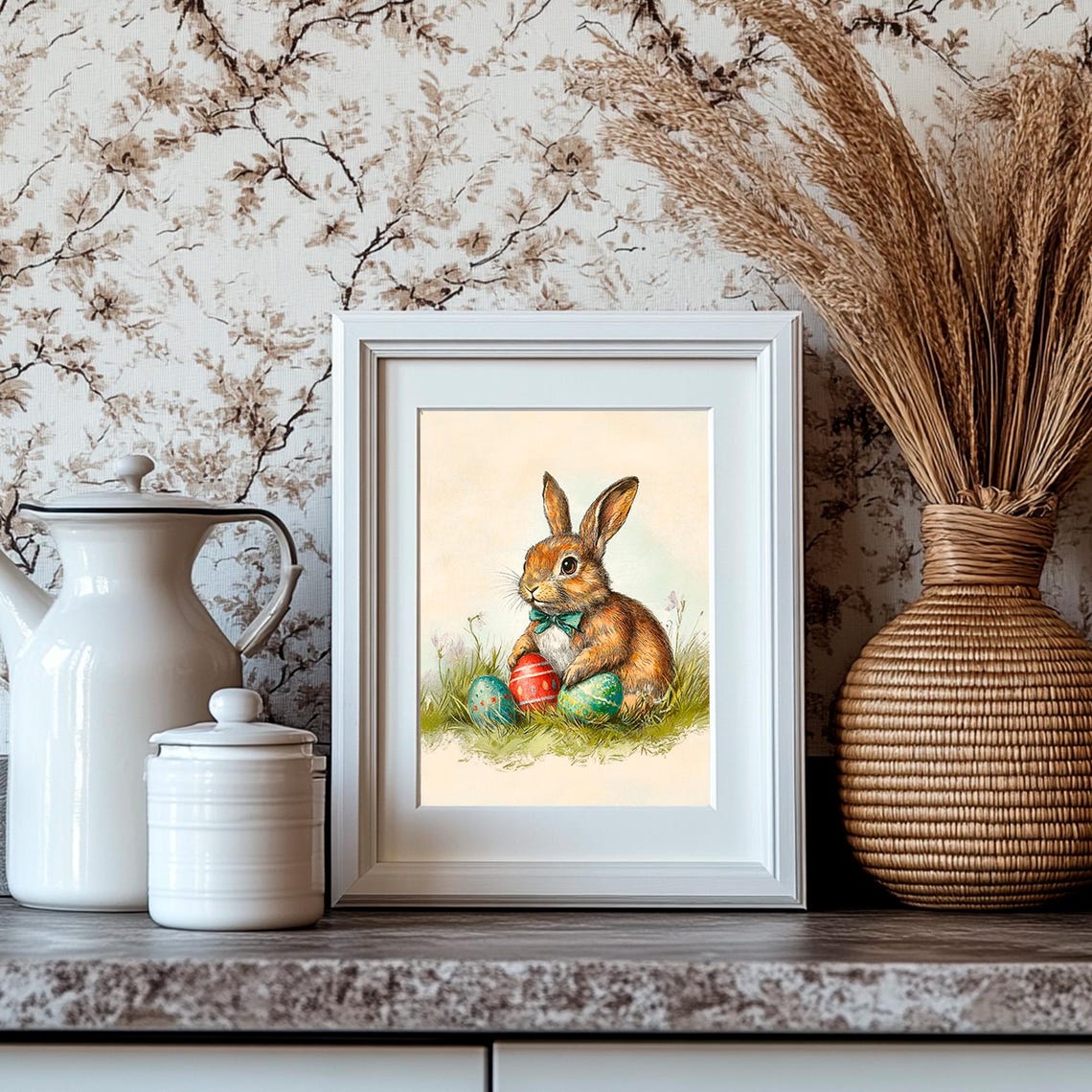 Easter Bunny With Bow Tie And Painted Eggs In Spring Grass Poster - Image 4