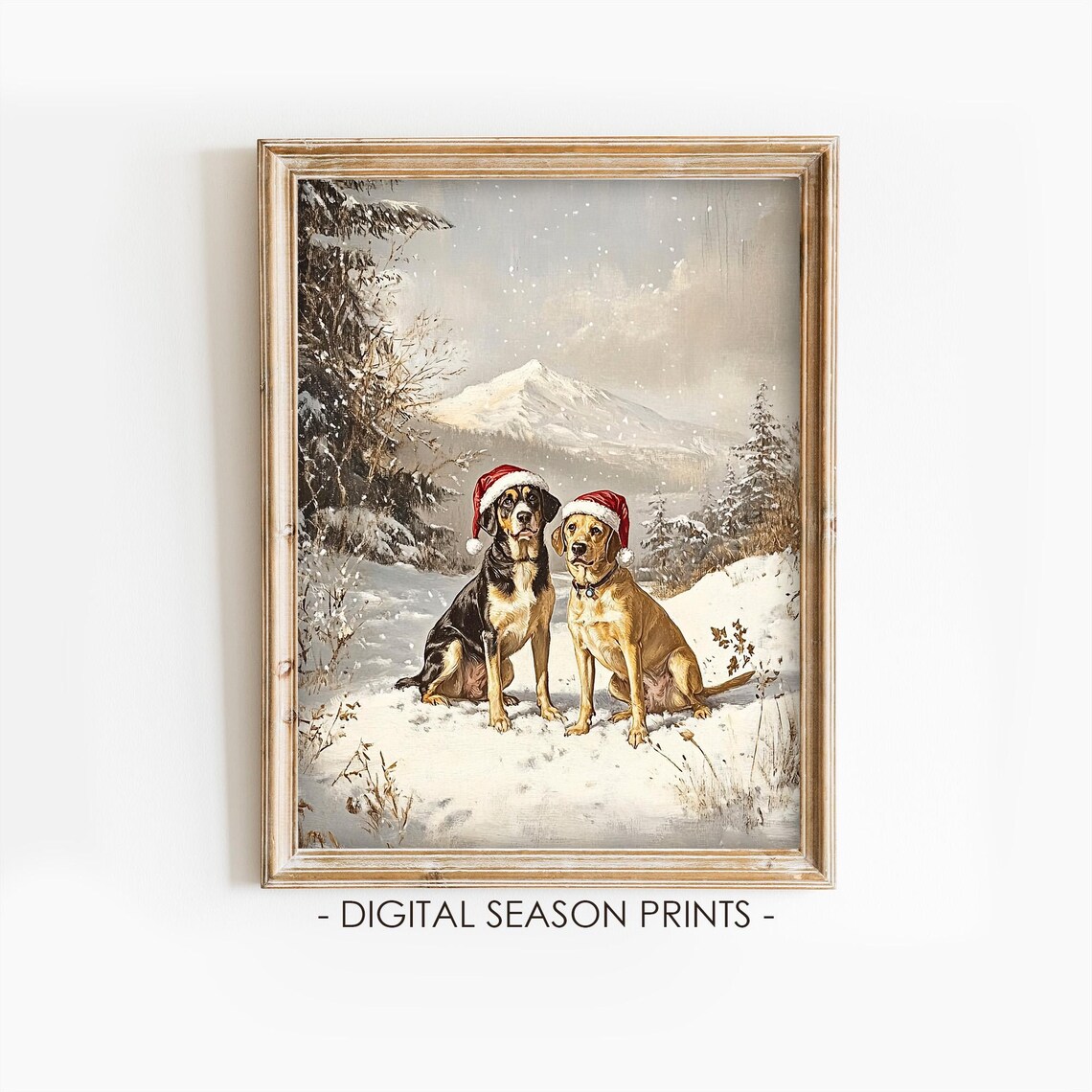 Two Dogs Santa Hats Snowy Mountain Vintage Christmas Dog Poster