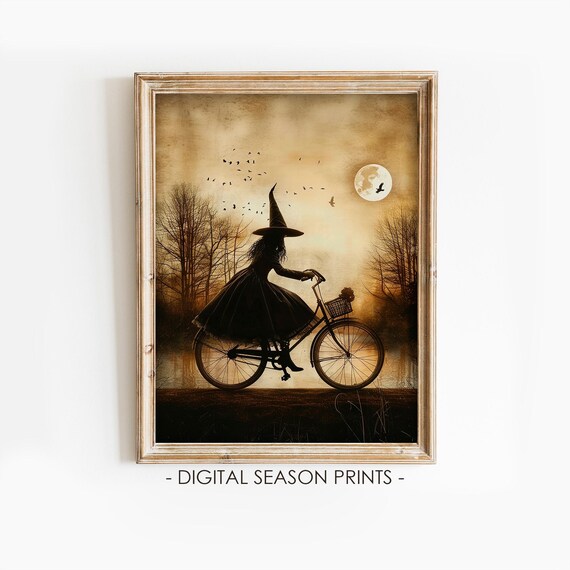 Witch Bicycle Full Moon Halloween Night Silhouette Gothic Art Poster