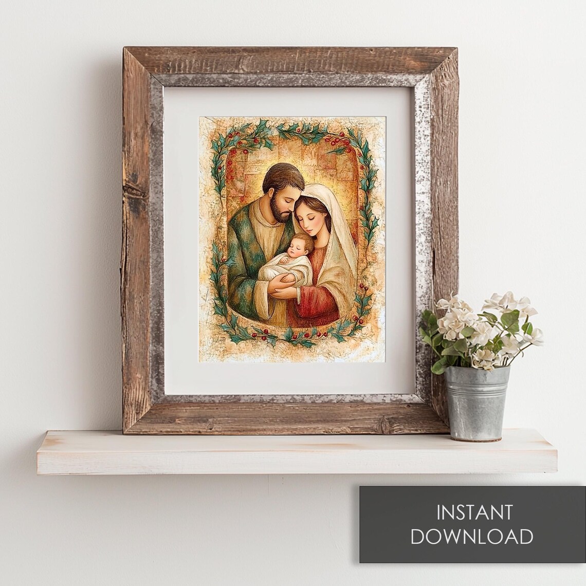 Holy Family Nativity Mary Joseph Baby Jesus Holly Christmas Art Print - Image 6