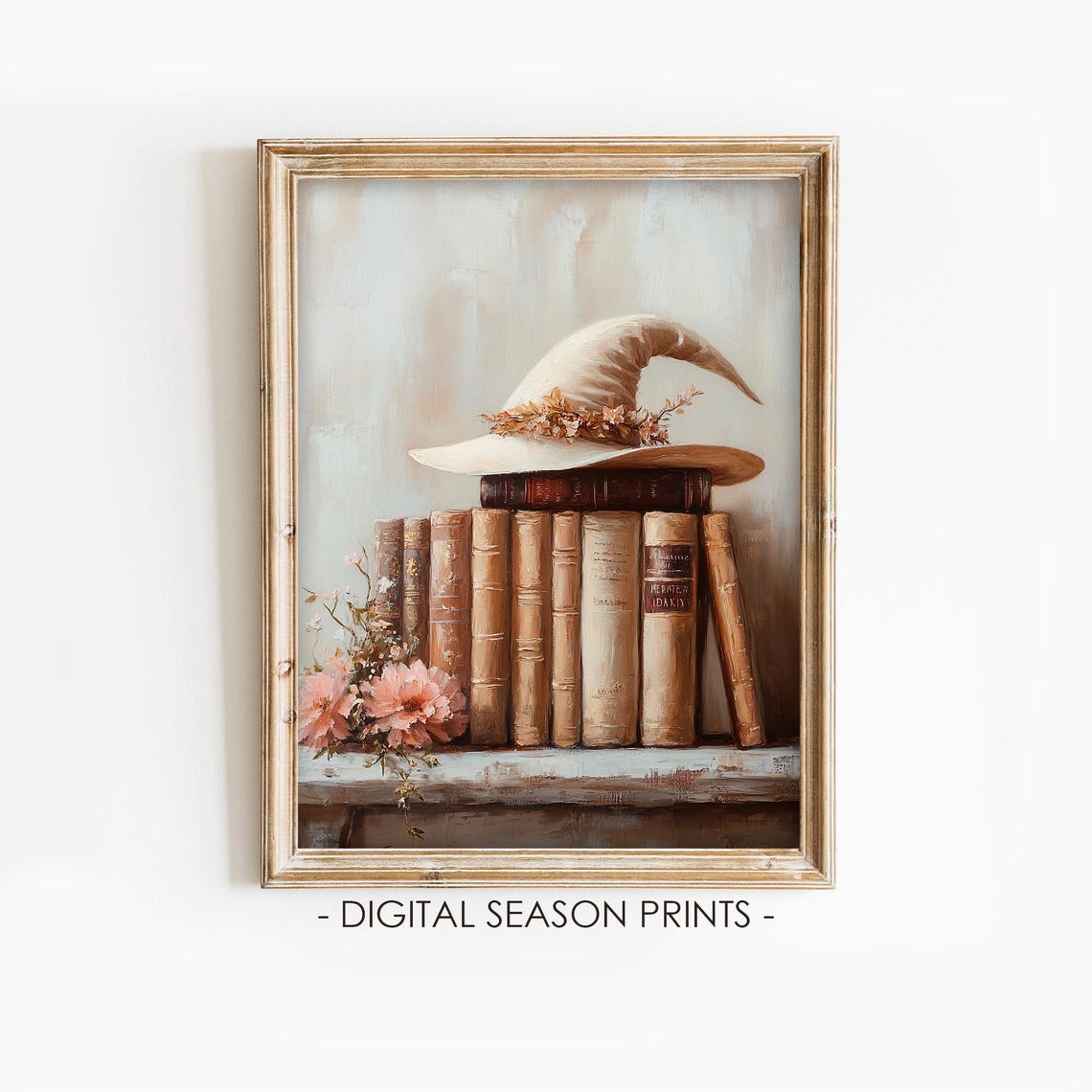 Witch Hat on a Stack of Vintage Books with Pink Flowers Poster