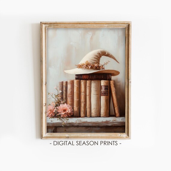 Witch Hat on a Stack of Vintage Books with Pink Flowers Poster
