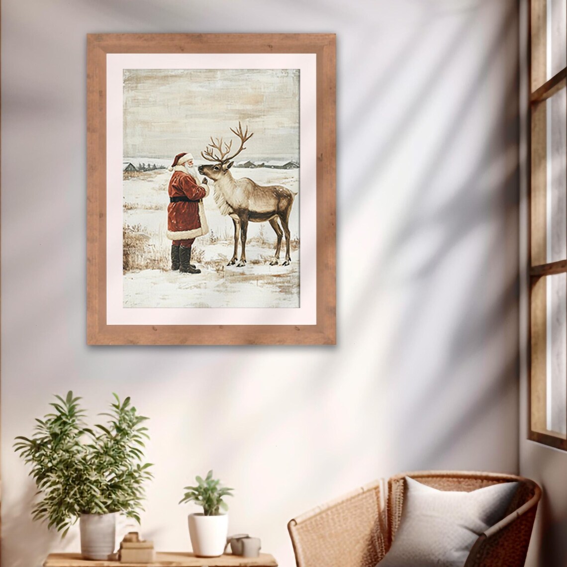 Santa Claus Greeting Reindeer Snowy Field Vintage Christmas Art Print - Image 2