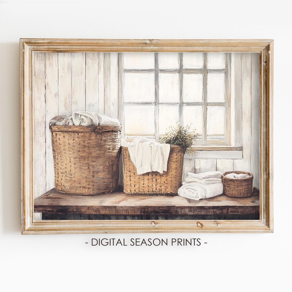 Rustic Laundry Baskets White Towels by Window Farmhouse Poster
