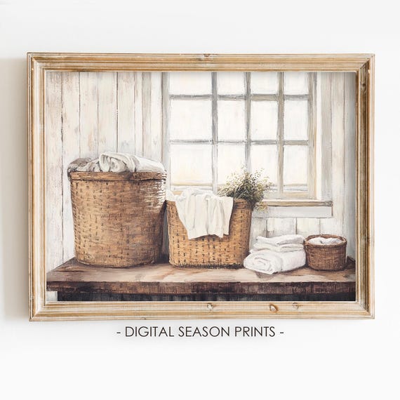 Laundry Basket Art Laundry Room Decor Laundry Baskets Painting Vintage Farmhouse Decor Country Rustic Cottagecore Decor
