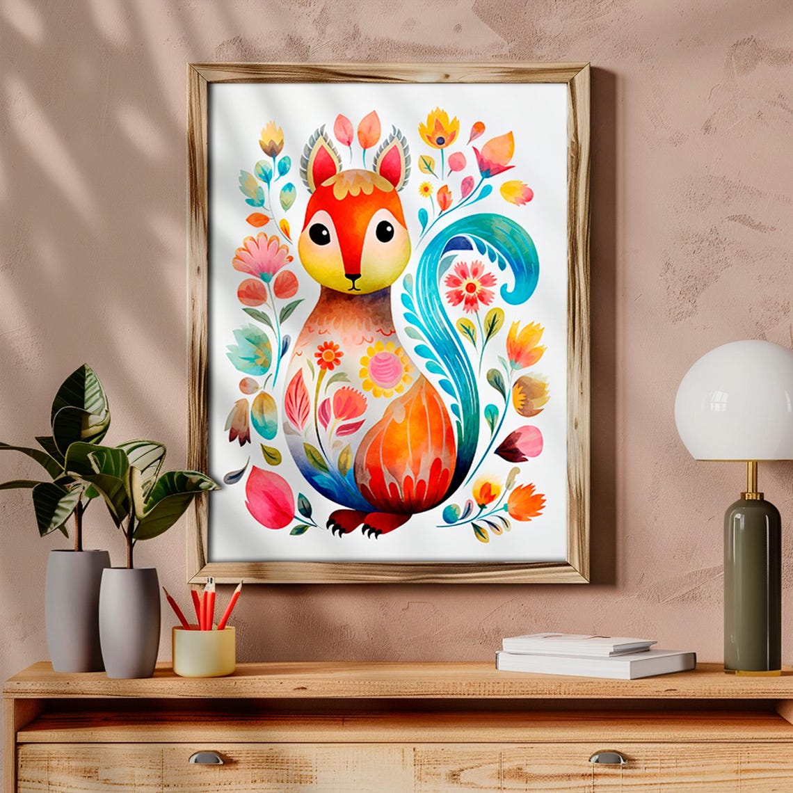 Scandinavian Folk Art Squirrel With Colorful Flowers Nordic Poster - Image 6