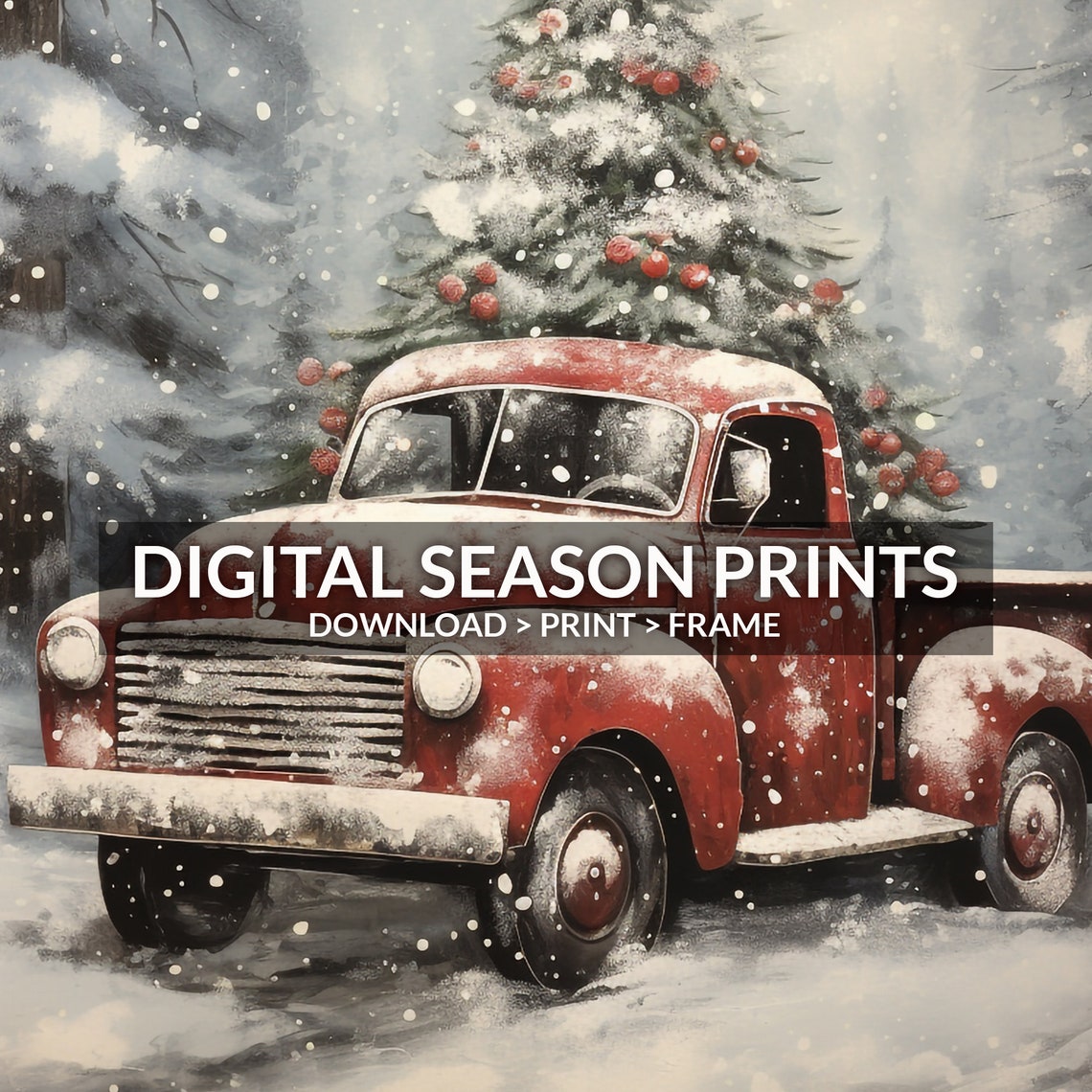 Red Vintage Truck Christmas Tree Snowy Road Retro Holiday Art Print - Image 6