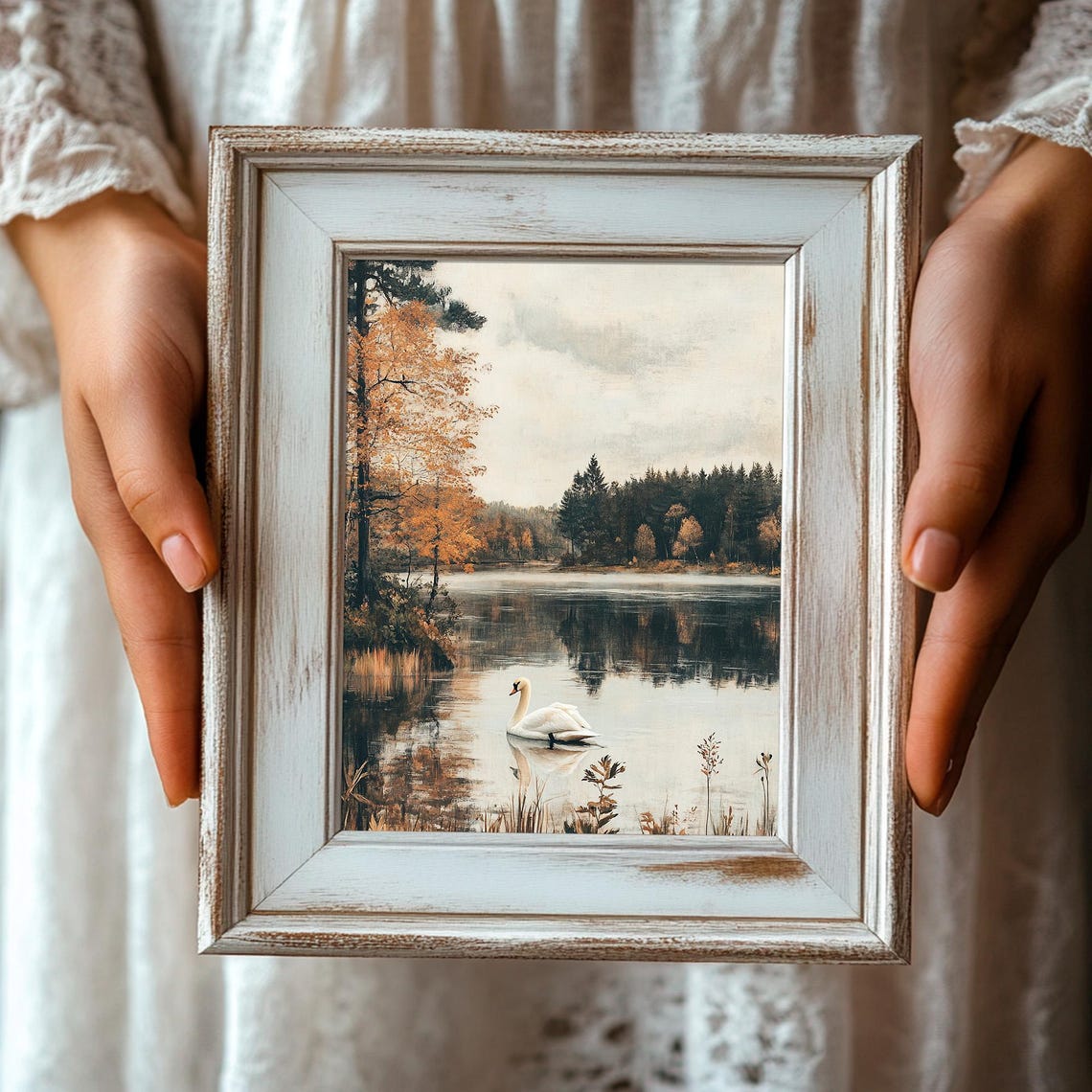 Graceful White Swan Gliding Across A Golden Autumn Lake Poster - Image 3