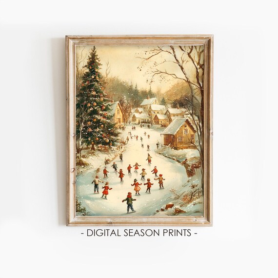 Village Pond Ice Skaters Christmas Tree Winter Holiday Poster
