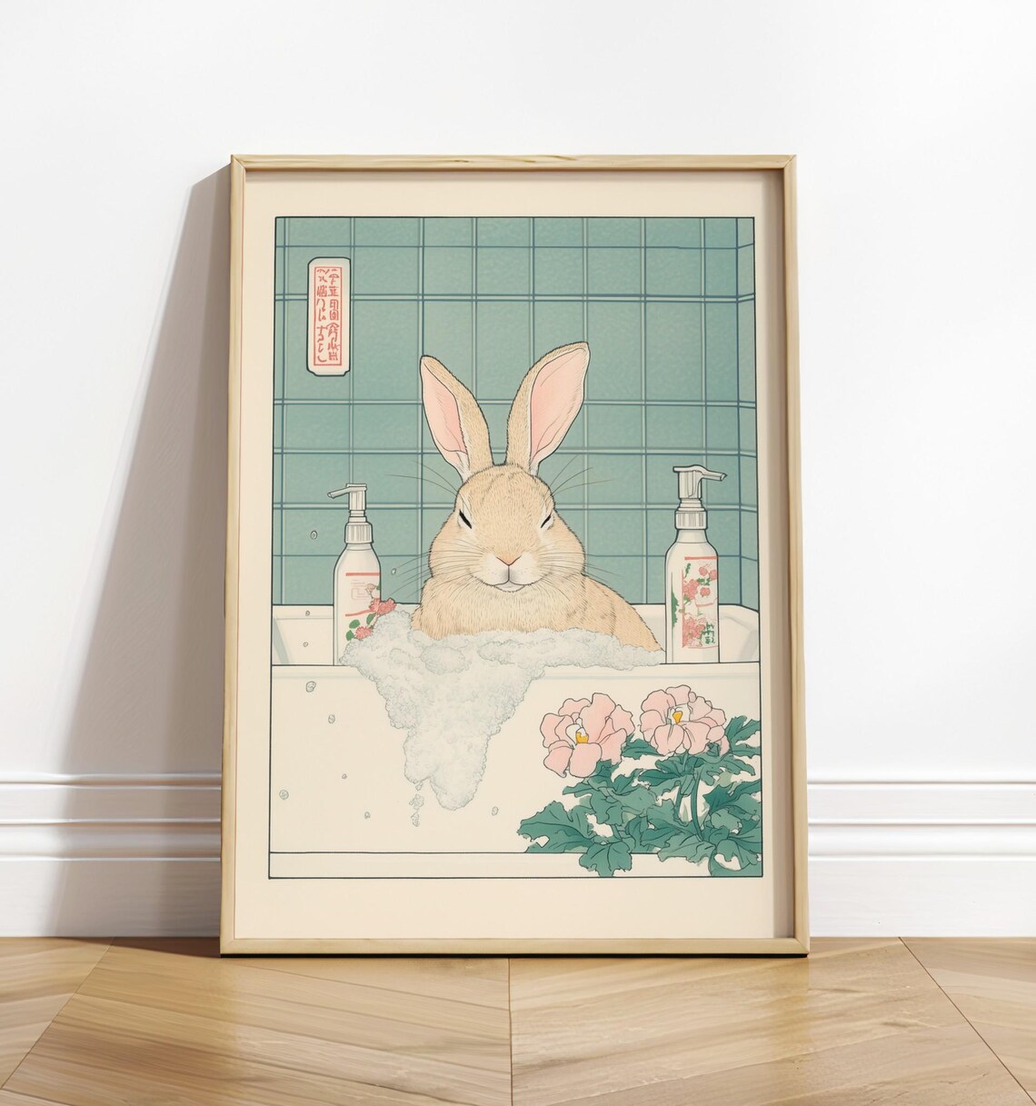 Ukiyo-e Bunny Print, Funny Rabbit in Bathtub