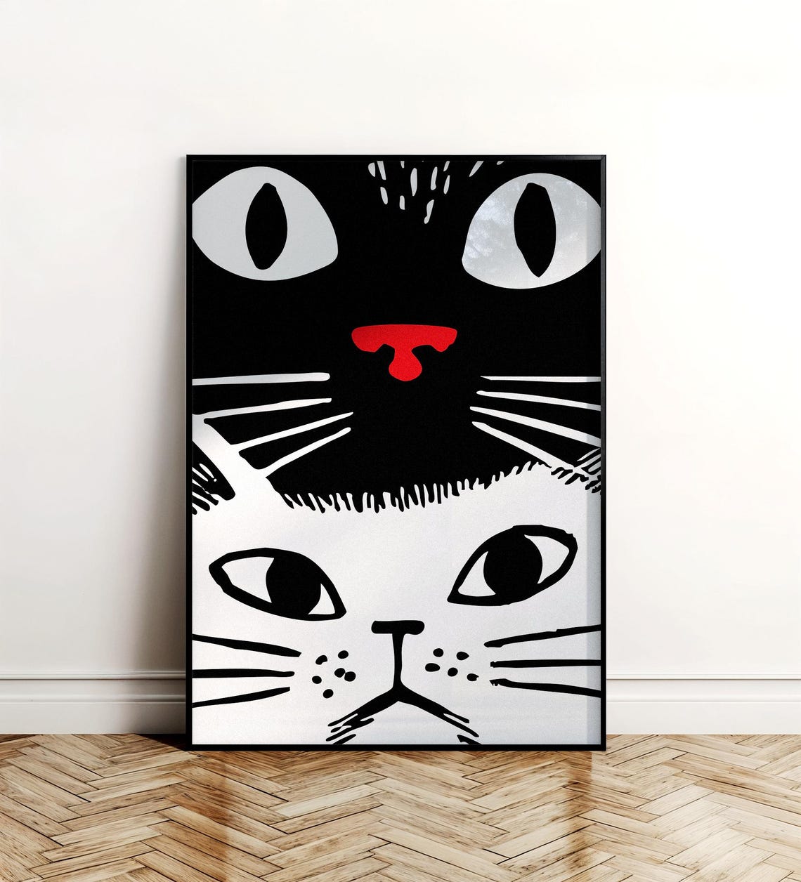 Black and White Cat Faces Graphic Bold Red Nose Playful Pop Poster