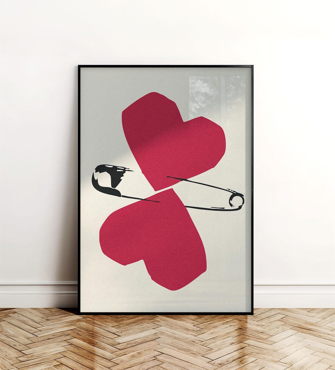 Two Red Hearts Pierced by Safety Pin Minimalist Healing Poster