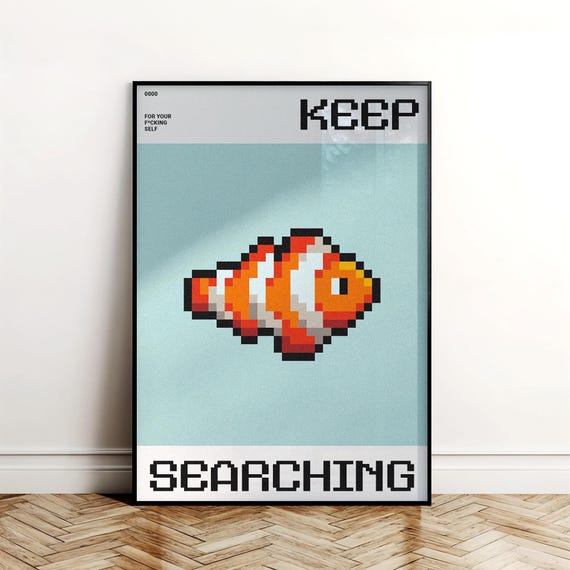 Pixel Art Clownfish Keep Searching Retro Gamer Typography Poster