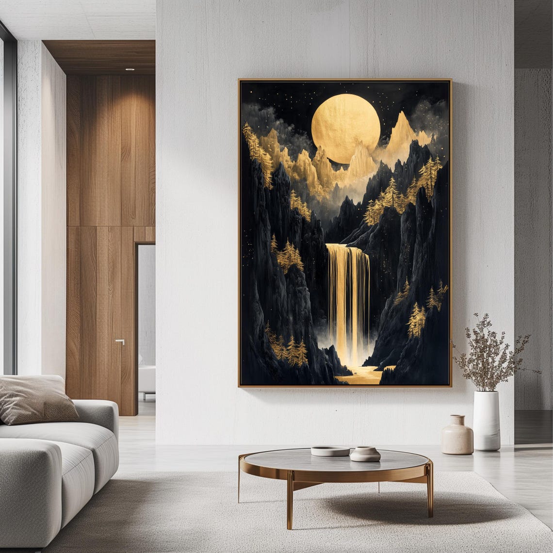 Black and Gold Moon Waterfall Mystical Mountain Night View Poster - Image 3