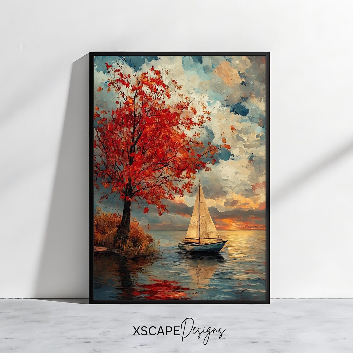 Autumn Lake Art Print, Serene Sailboat Landscape