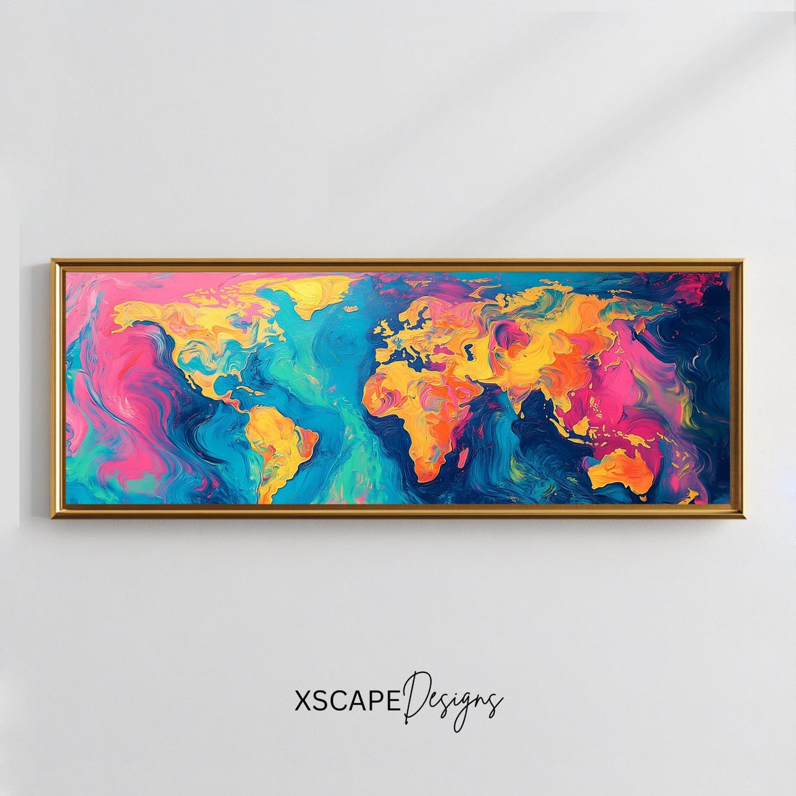 Colorful Fluid World Map Marbled Paint Panoramic Travel Art Poster