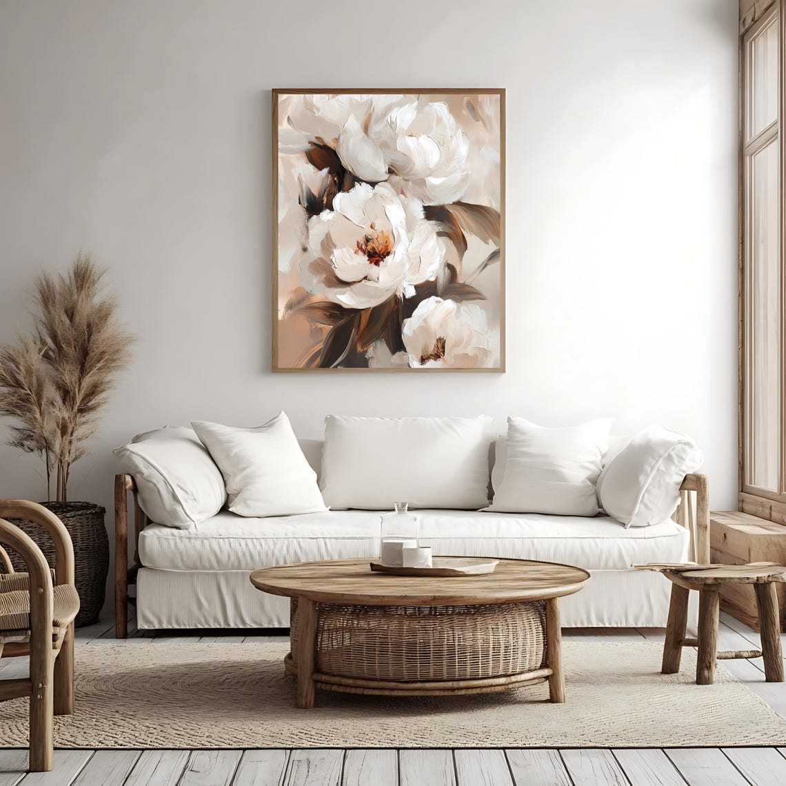 White Peony Abstract Soft Beige Elegant Vertical Floral Wall Art - Image 4