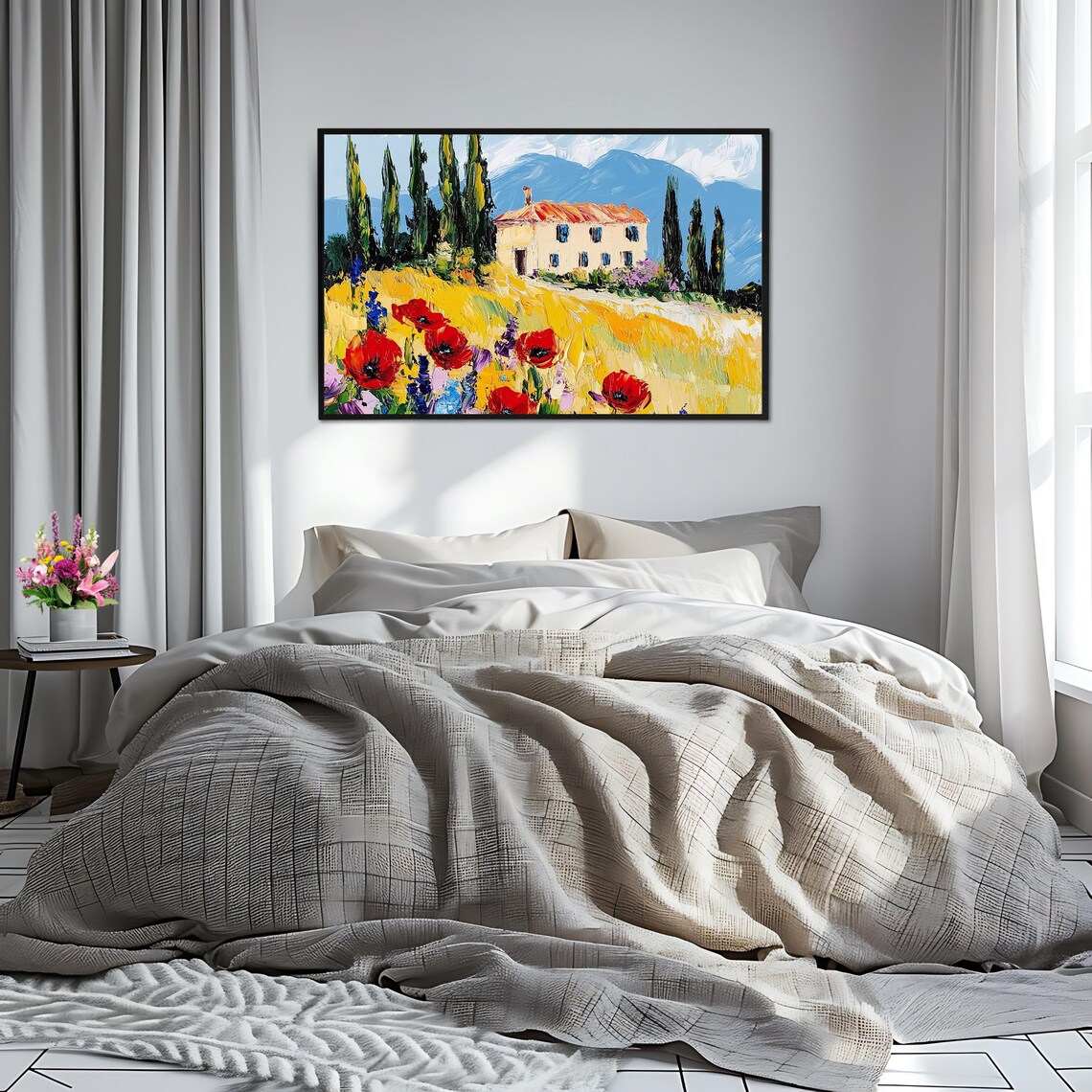 Tuscan Farmhouse Red Poppies Cypress Trees Countryside View Poster - Image 2