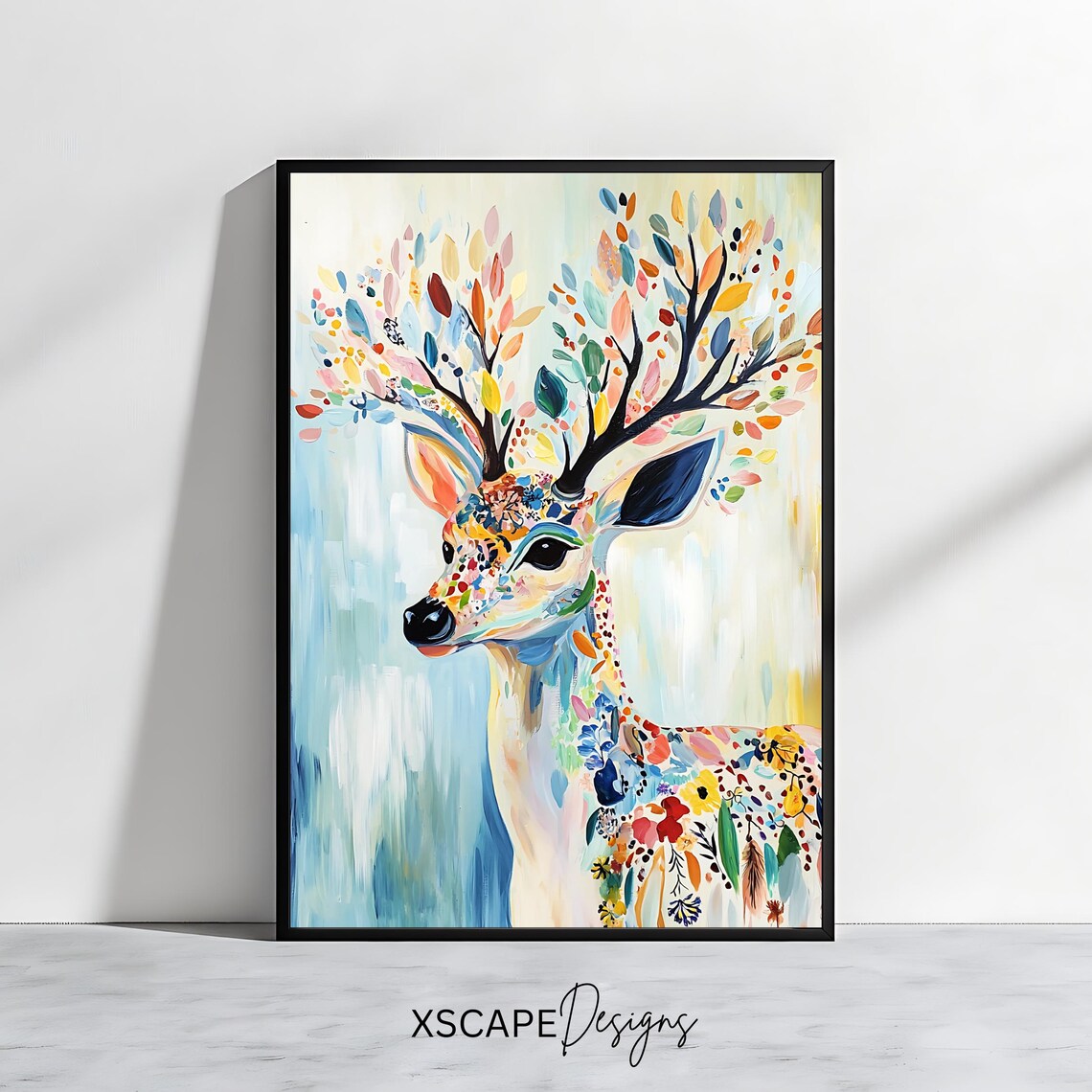 Floral Deer Leafy Antlers Colorful Pastel Woodland Animal Wall Art Poster