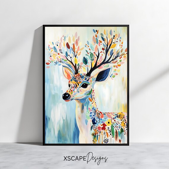 Floral Deer Leafy Antlers Colorful Pastel Woodland Animal Wall Art Poster