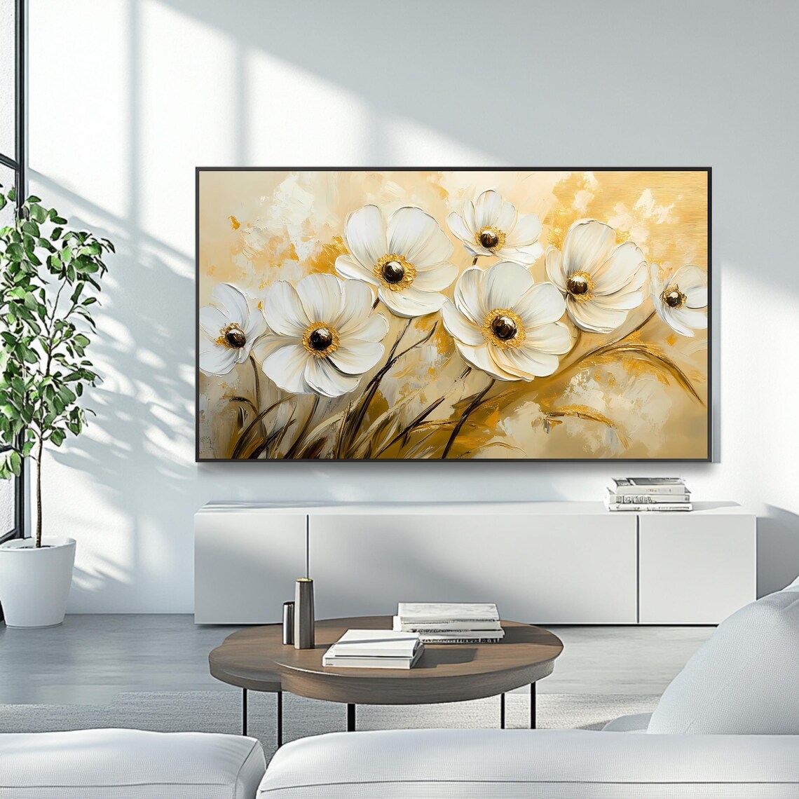 White Anemone Flowers Golden Impasto Botanical Floral Painting Poster - Image 4