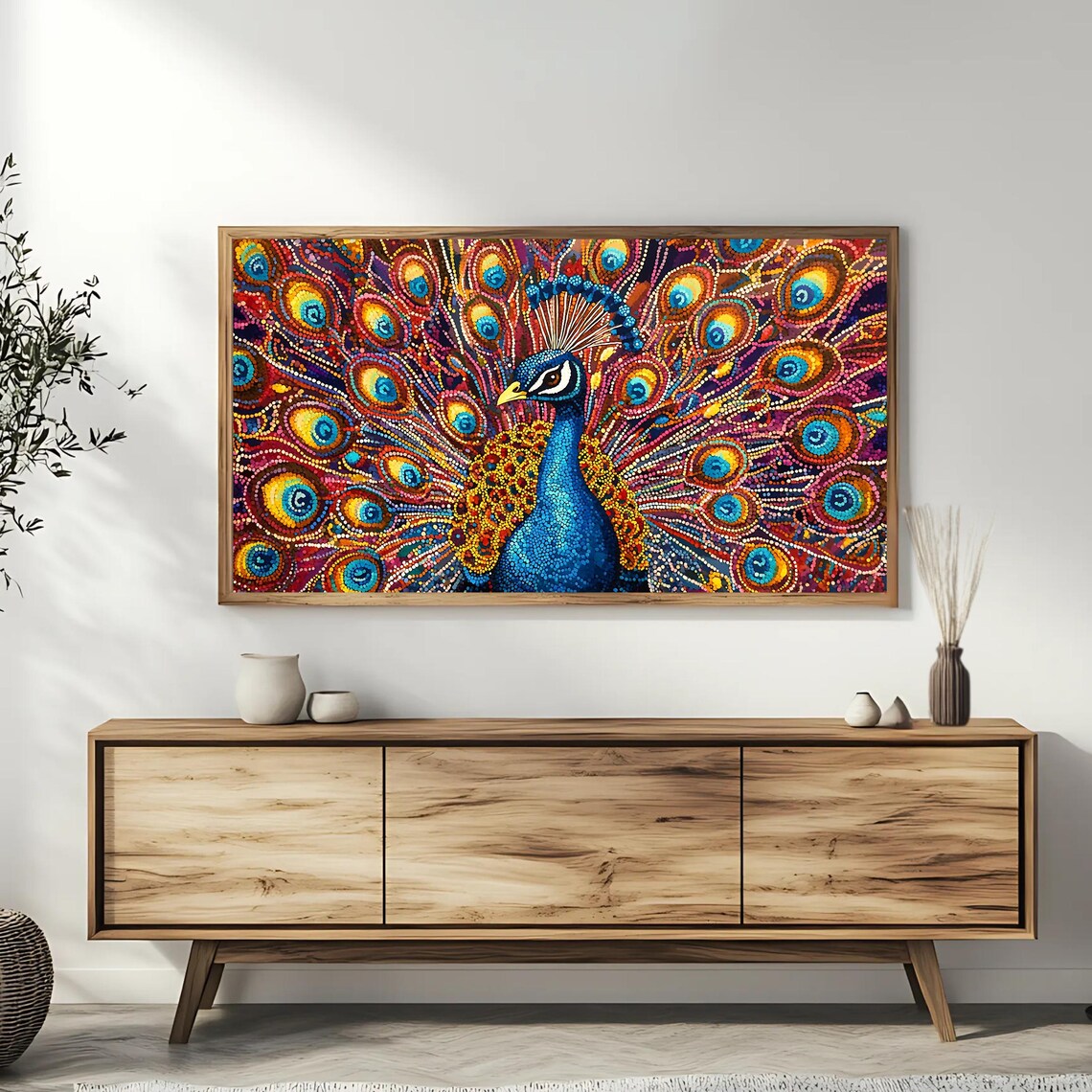 Vibrant Peacock Feather Tail Mosaic Dot Art Colorful Bird Wall Poster - Image 3