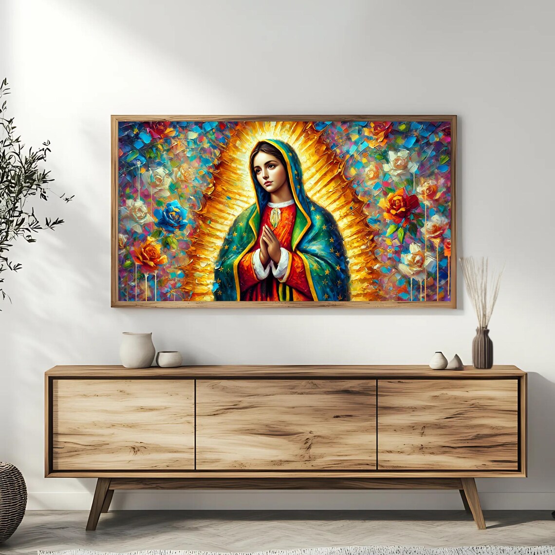 Our Lady Of Guadalupe Golden Halo Mosaic Roses Catholic Art Poster - Image 3