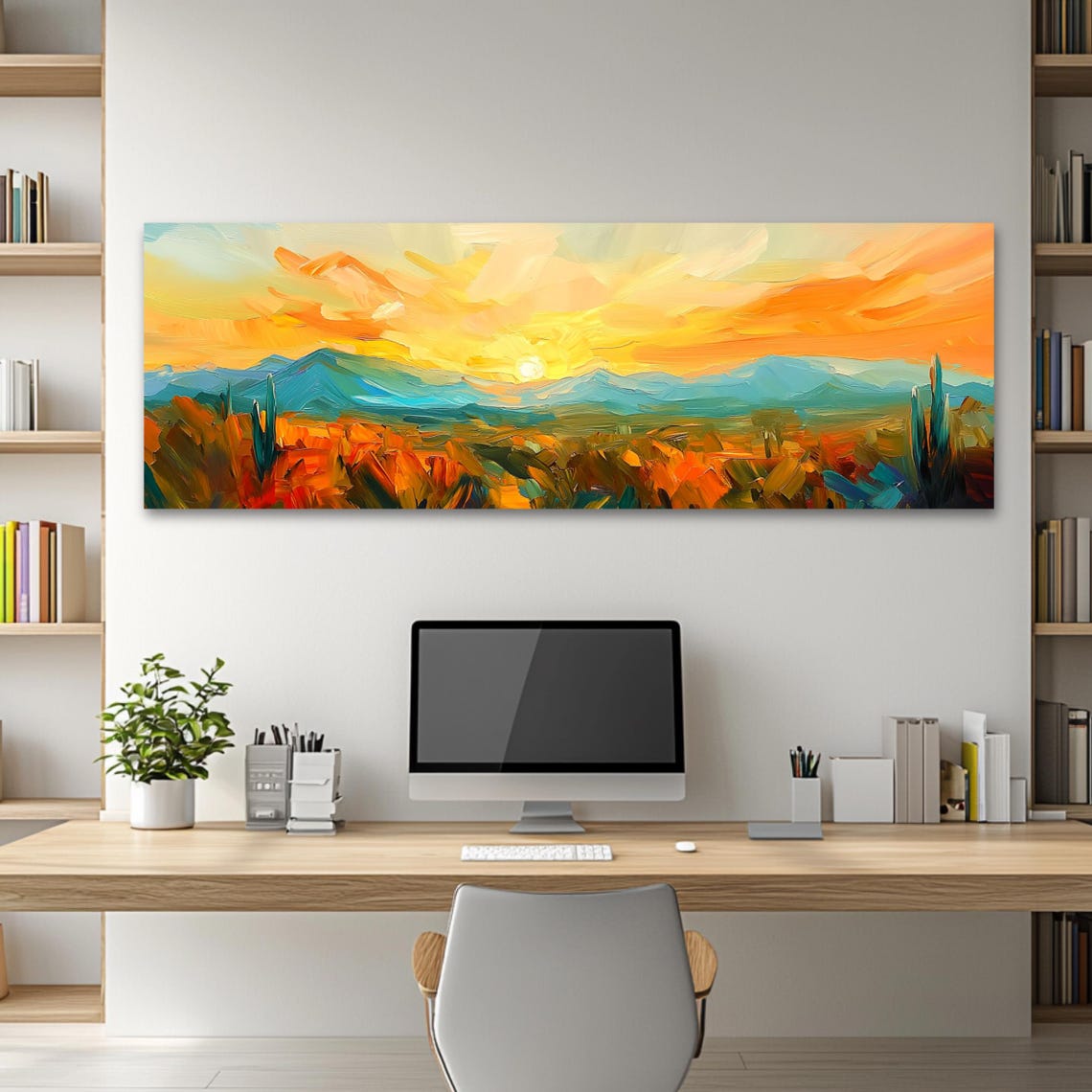 Desert Sunset Wall Art Long Horizontal Narrow Print Vibrant Southwest Landscape Artwork For Above Couch Or Bed - Image 2