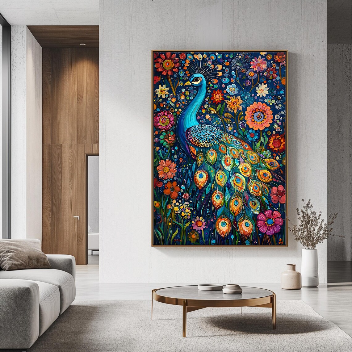 Peacock Fanned Tail Among Night Garden Flowers Folk Art Wall Poster - Image 3