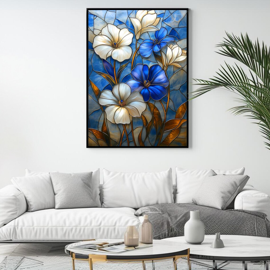 White Blue Floral Stained Glass Blooming Flowers Wall Art Decor Poster - Image 4
