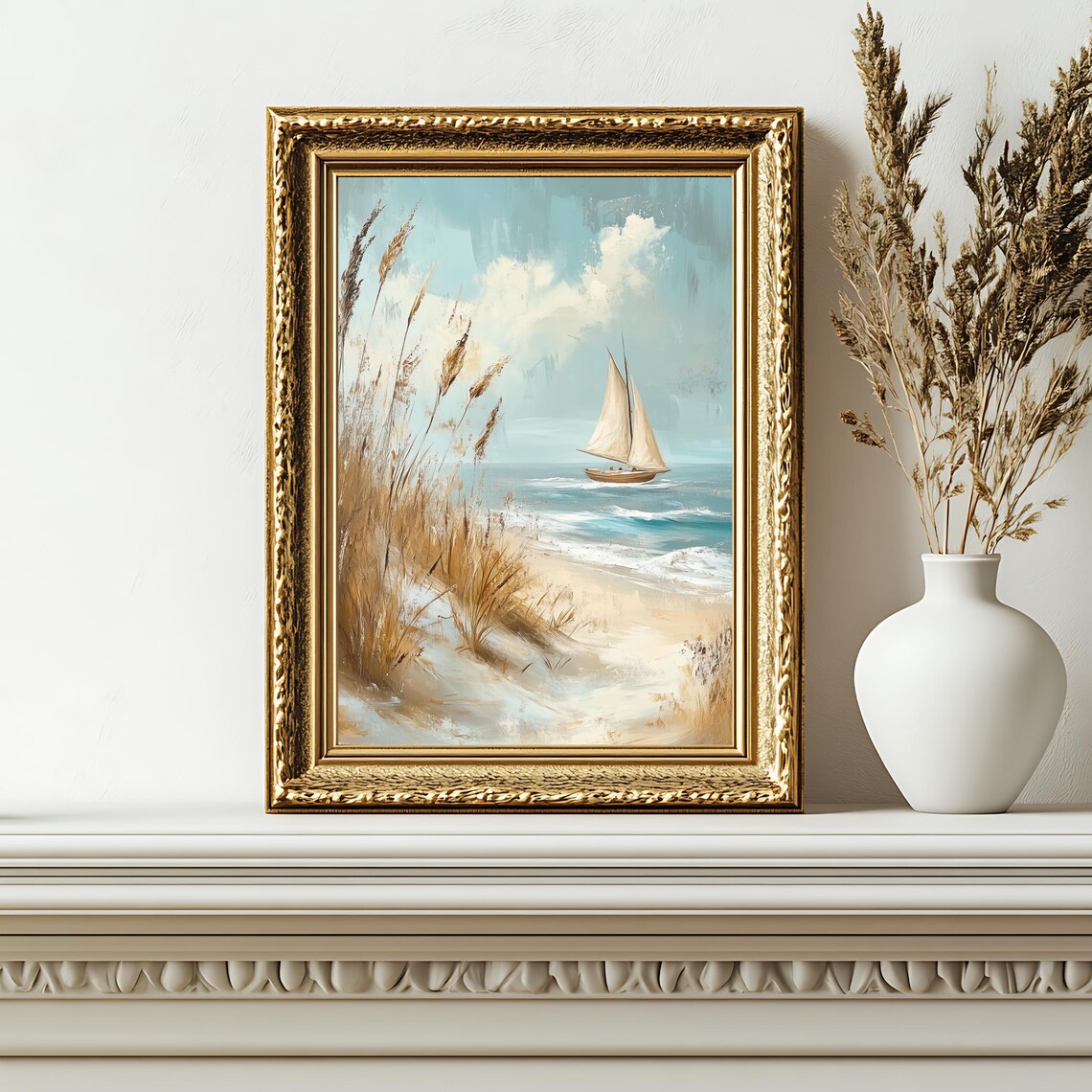 Sailboat on Blue Water with Dune Grasses Beach Nautical Art Poster - Image 2