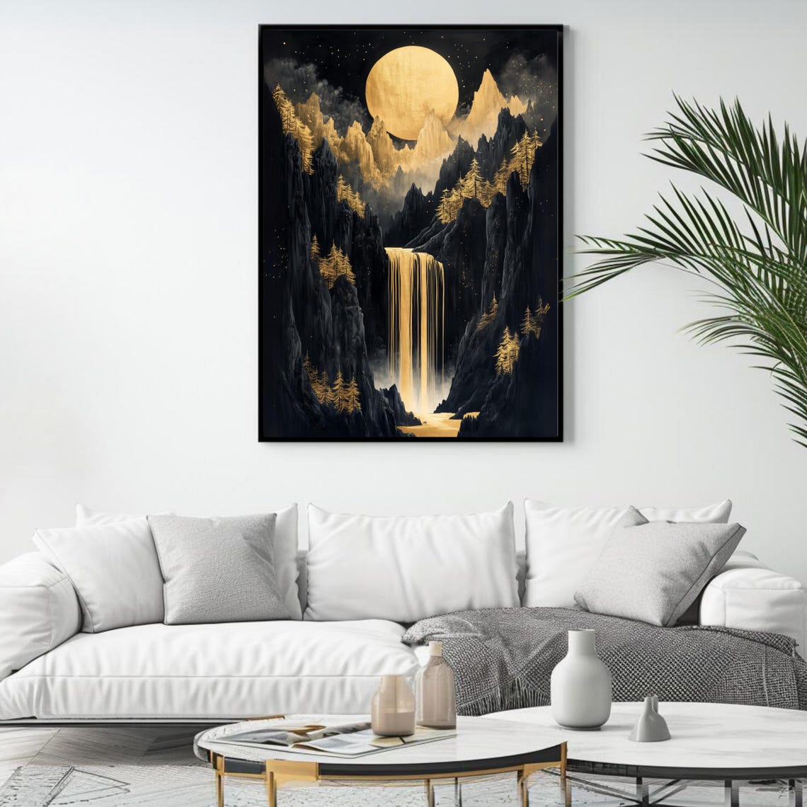 Black and Gold Moon Waterfall Mystical Mountain Night View Poster - Image 4