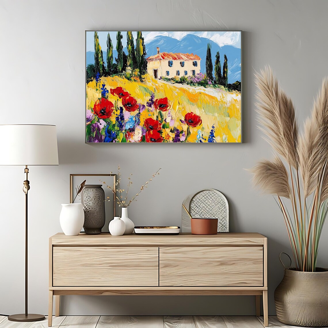Tuscan Farmhouse Red Poppies Cypress Trees Countryside View Poster - Image 3
