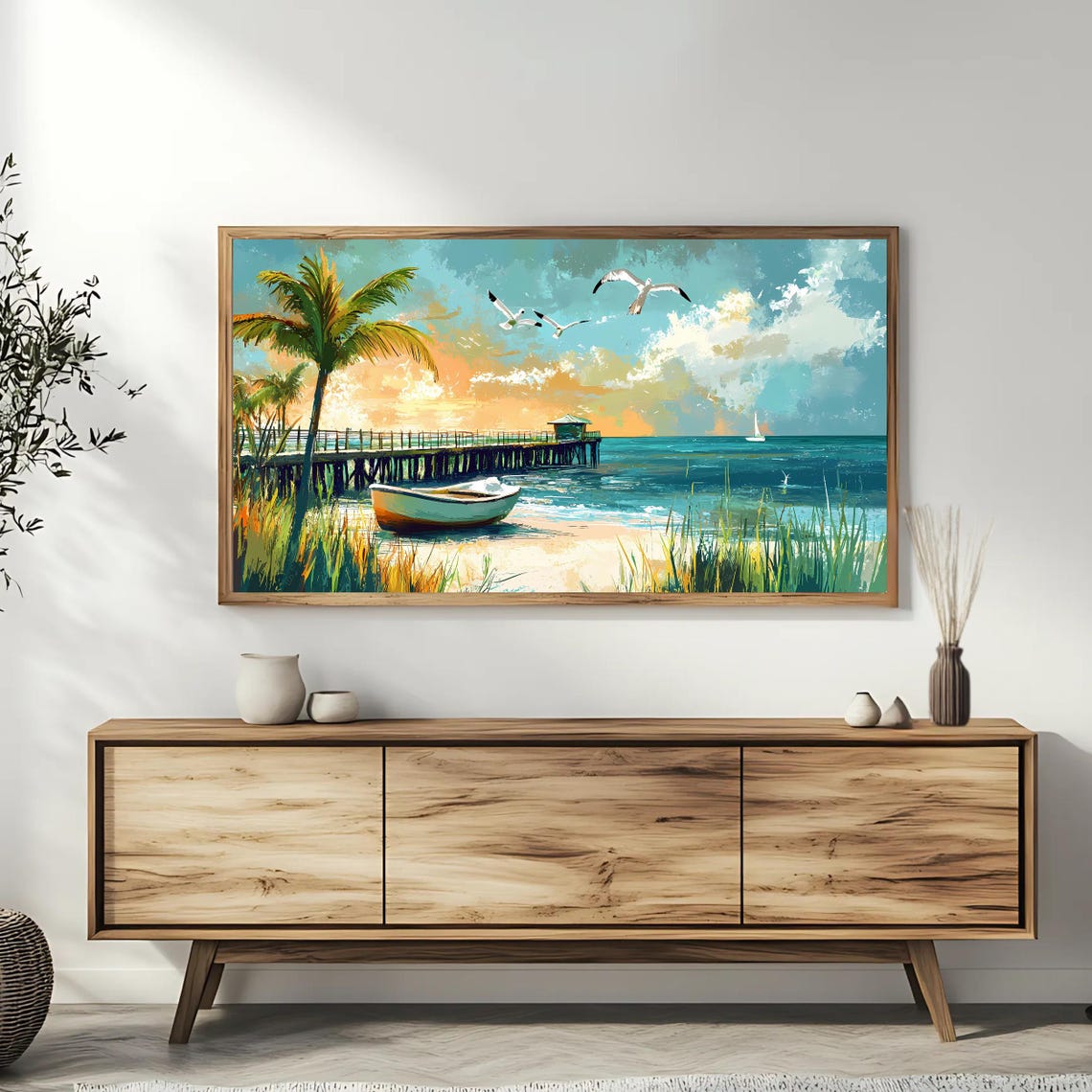 Tropical Beach Pier Sunset Rowboat Seagulls Palm Trees Coastal Poster - Image 3