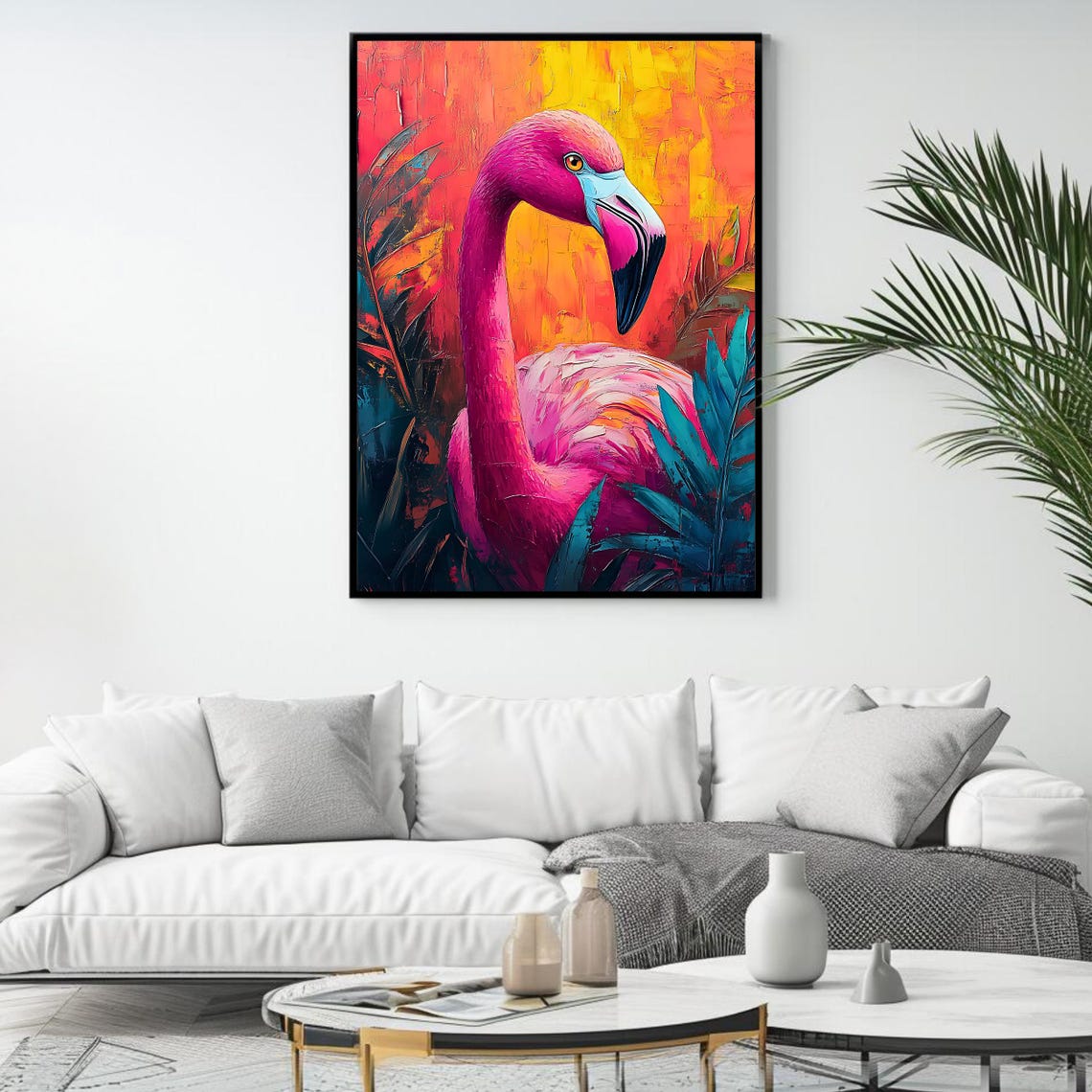 Pink Flamingo Portrait Tropical Orange Sunset Bold Wildlife Art Print - Image 4