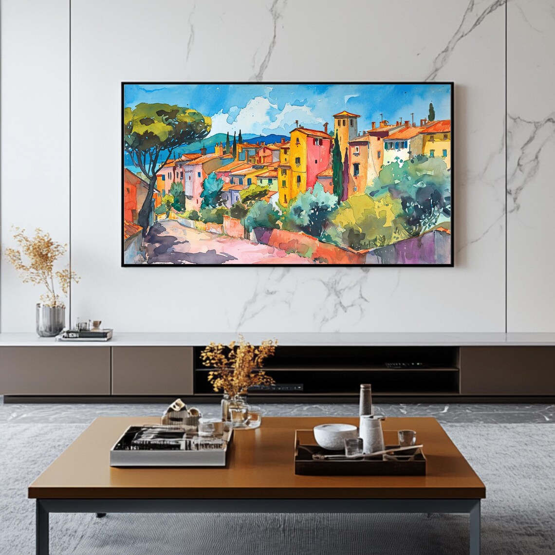 Mediterranean Hillside Village Watercolor Italy Travel Poster - Image 2