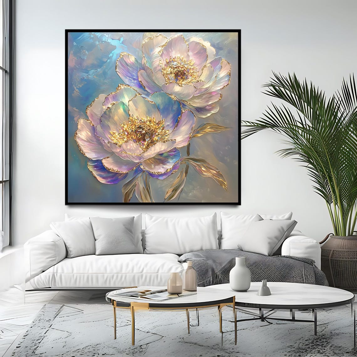 White Purple Peony Blossoms Gold Leaf Painterly Botanical Art Print - Image 4