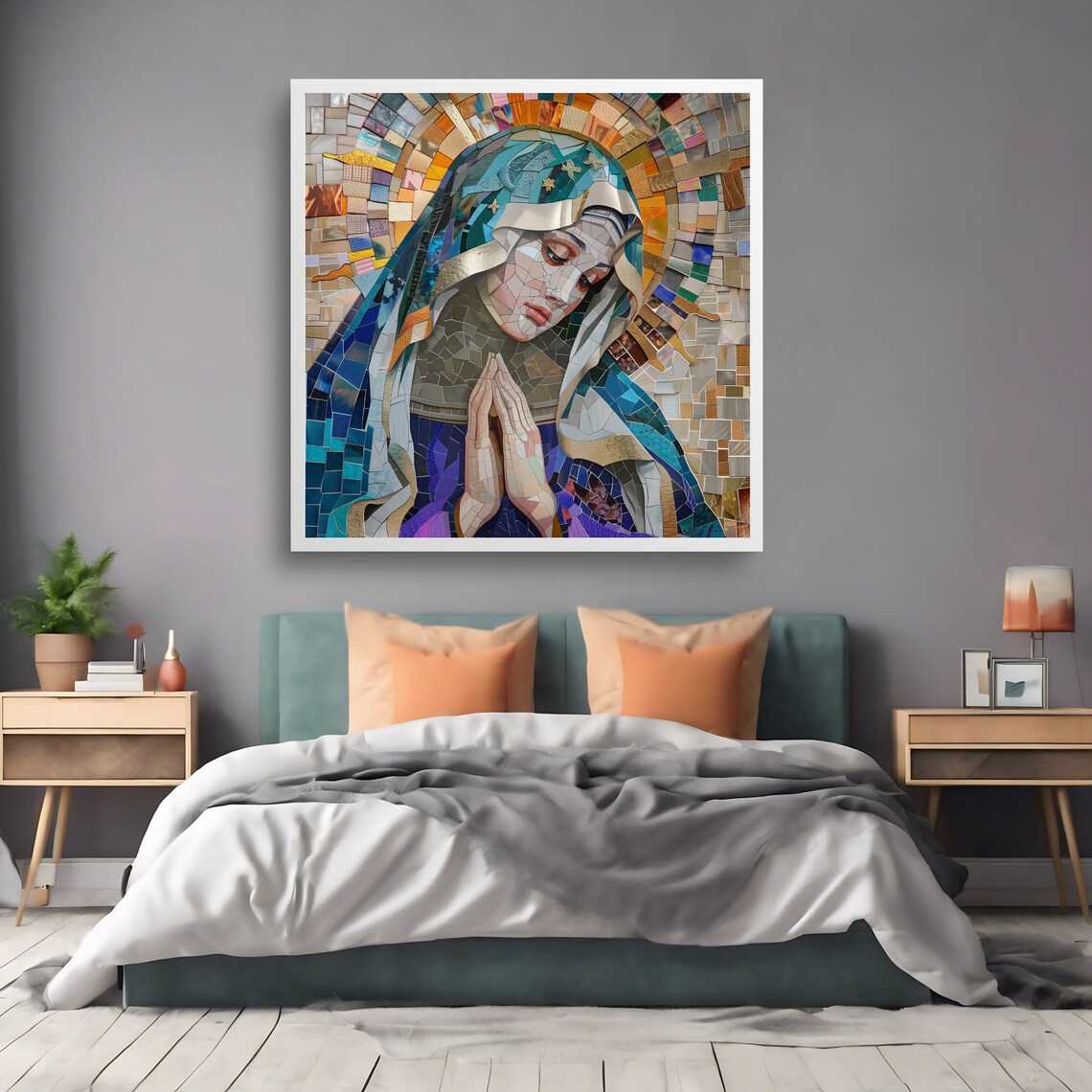 Praying Virgin Mary Colorful Mosaic Halo Catholic Religious Art Print - Image 2