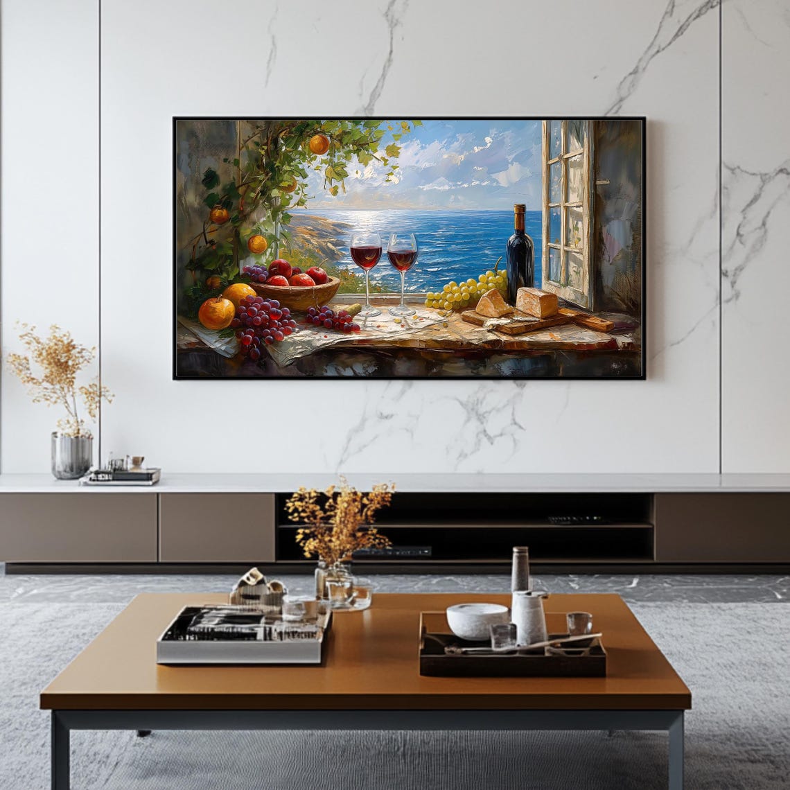 Mediterranean Window Sea View Wine Cheese Still Life Coastal Poster - Image 2