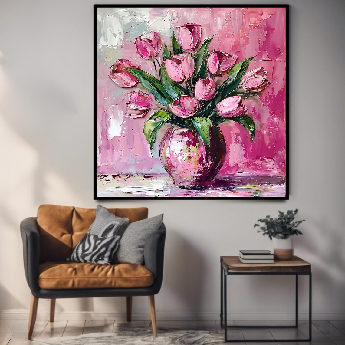 Pink Tulip Vase Floral Square Poster Art Print - Image 3