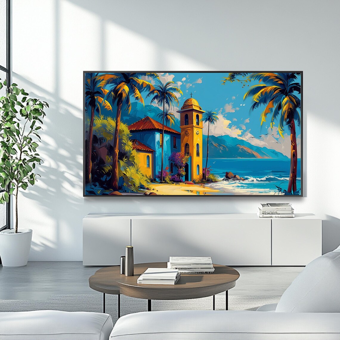Tropical Church By The Sea Palm Trees Coastal Travel Scene Art Poster - Image 4