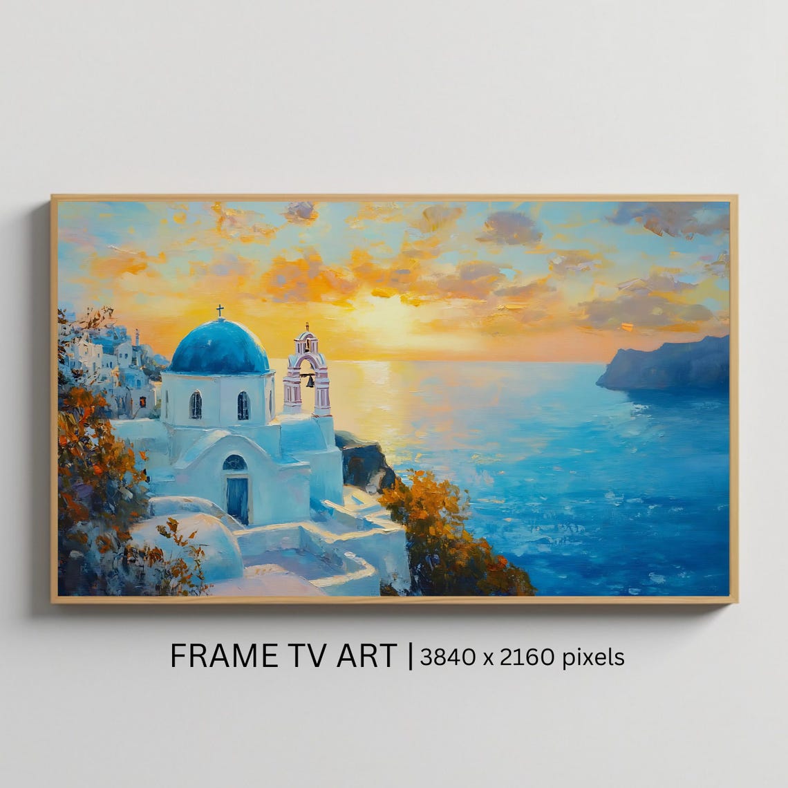 Santorini Greece Blue Domed Church Sunset Caldera View Travel Poster