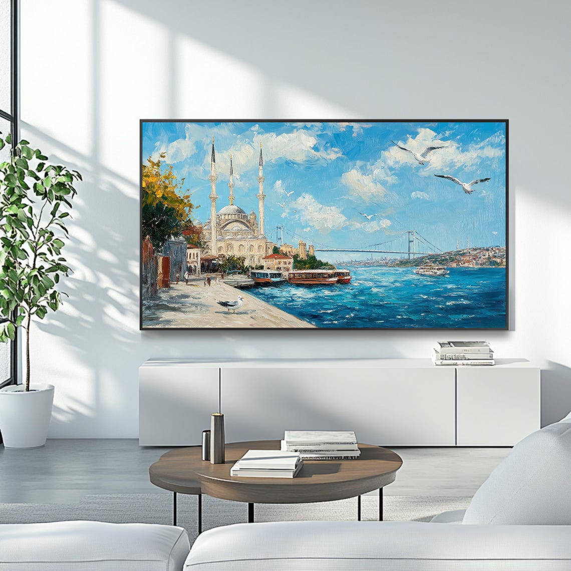 Istanbul Bosphorus Waterfront Mosque Bridge Seagulls Painting Poster - Image 4