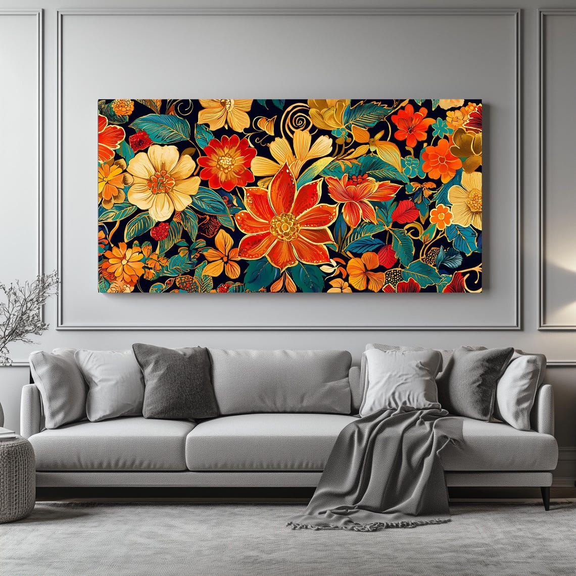 Bright Orange Floral Pattern Dark Navy Panoramic Botanical Art Poster - Image 4